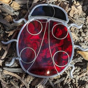Vintage Hand Made Ladybug Stained Glass Hanging Suncatcher